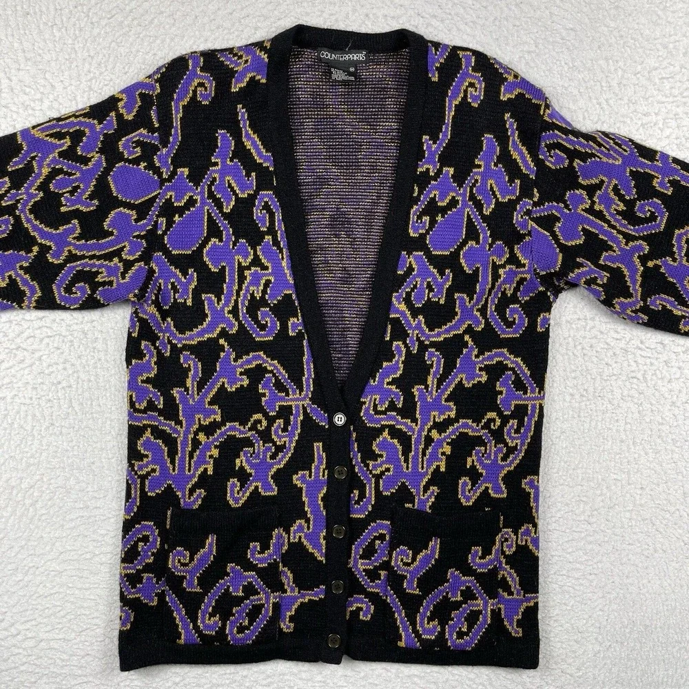 Counterparts Sweater Womens‎ Medium Black Purple Vintage Hong Kong Knit Cardigan